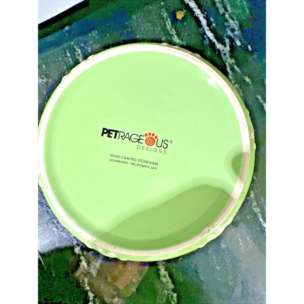 Petrageous Handcrafted Stoneware Pet Food Water Bowl Dish Lime Green Paw Prints